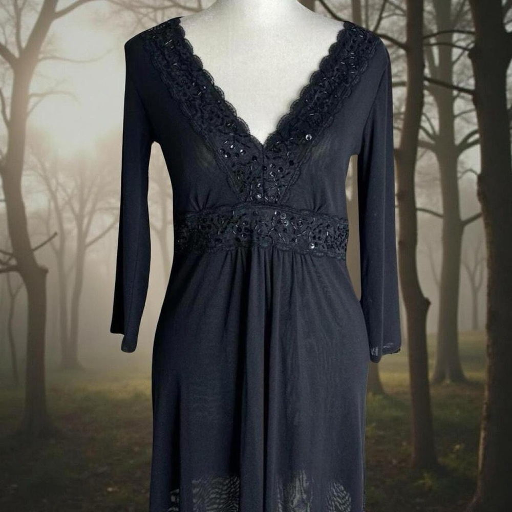 Vintage Beaded Mesh Mini Dress Tunic Black Whimsygoth Dark Romance Goth - Picture 2 of 8